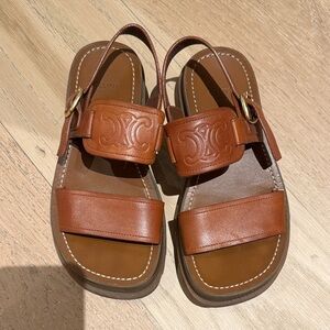 Celine Tan Brown Leather Logo Strap Sandals